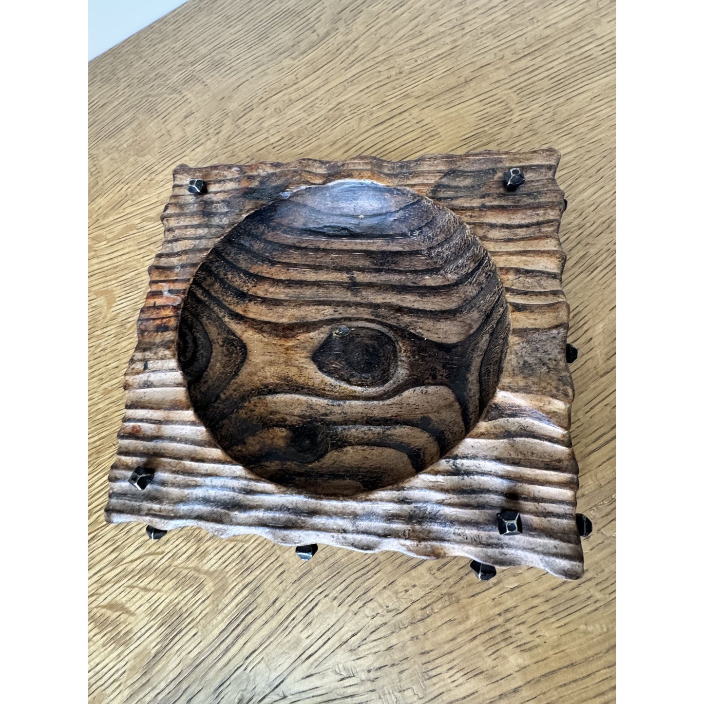 Hand-Carved Wood & Green Glass Ashtray with Iron Nail Accents