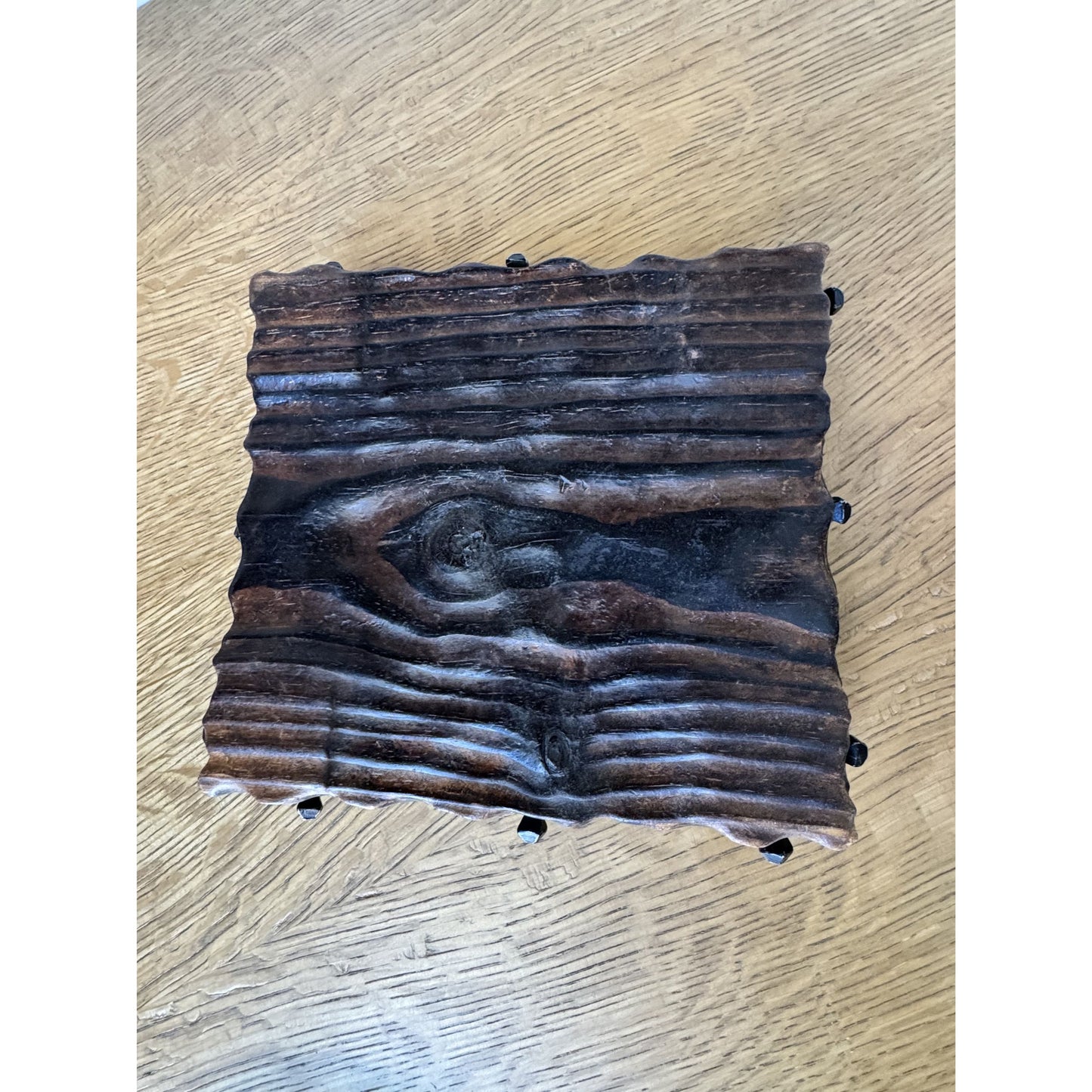 Hand-Carved Wood & Green Glass Ashtray with Iron Nail Accents