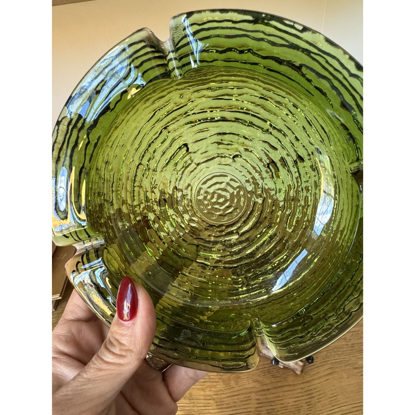 Hand-Carved Wood & Green Glass Ashtray with Iron Nail Accents