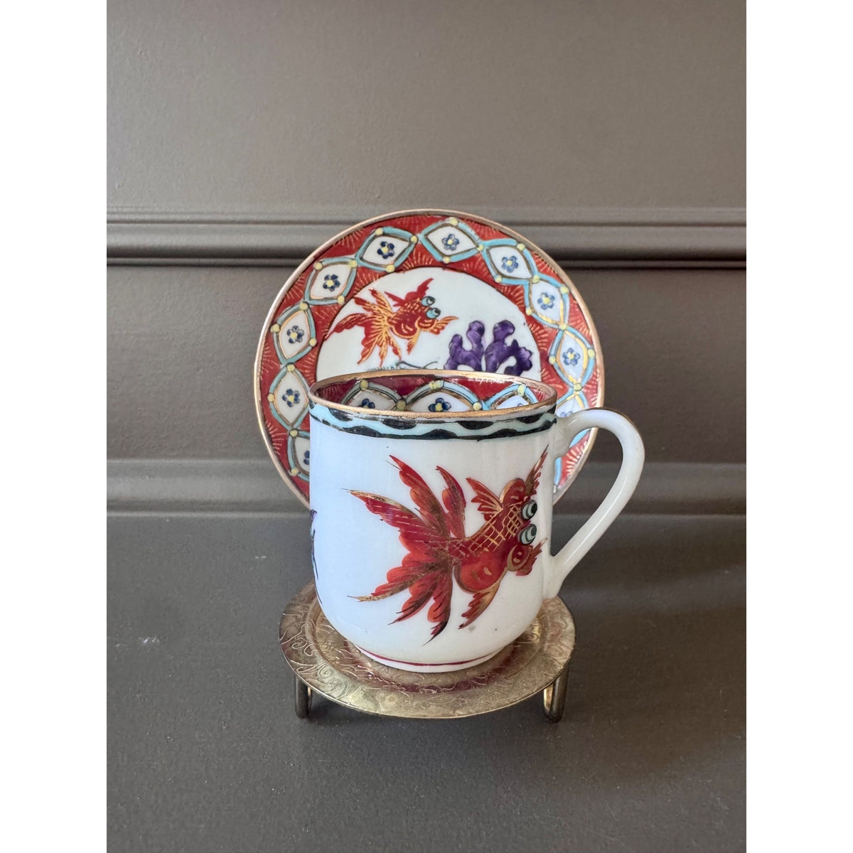 Vintage Japanese Goldfish Porcelain Teacup & Saucer