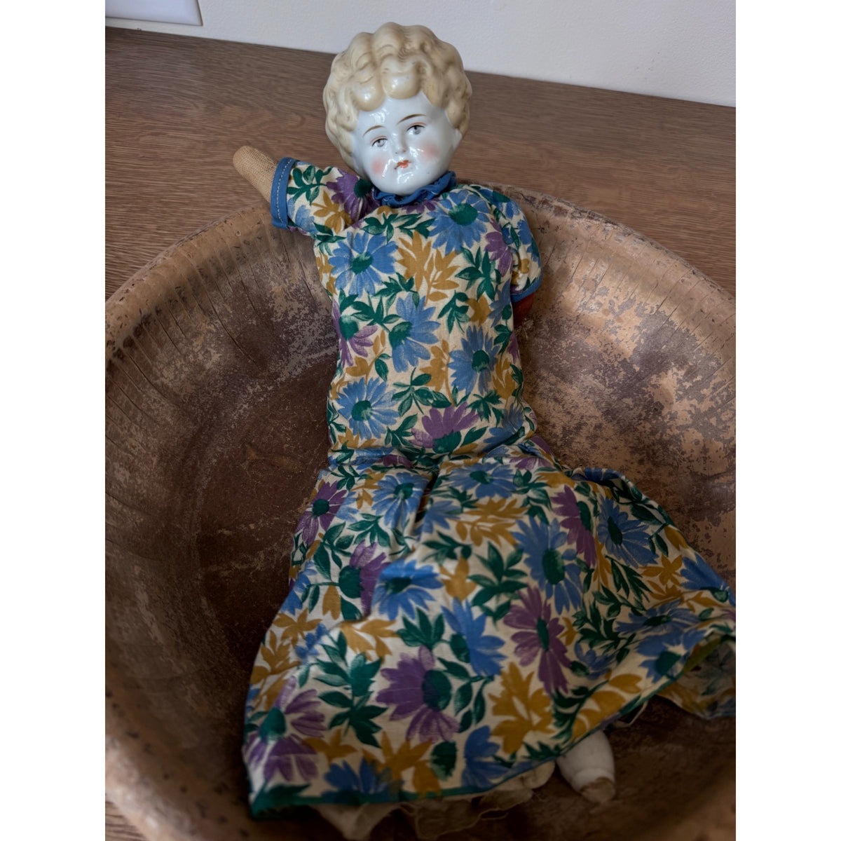 Vintage China Doll with Cloth Body – 15" Floral Dress – As Is