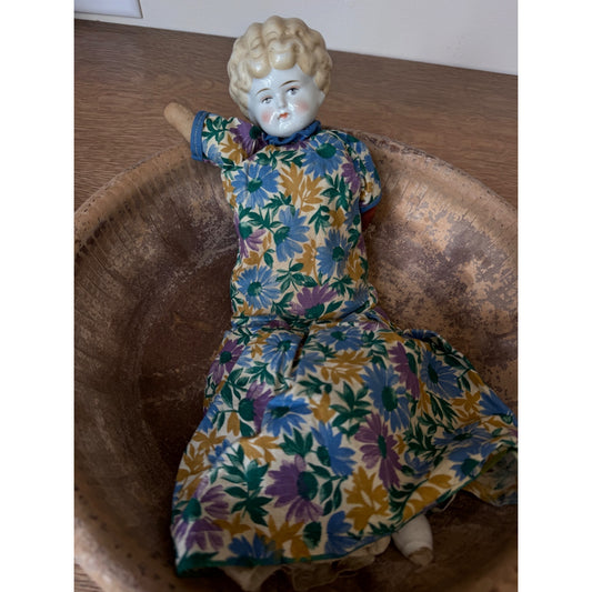 Vintage China Doll with Cloth Body – 15" Floral Dress – As Is
