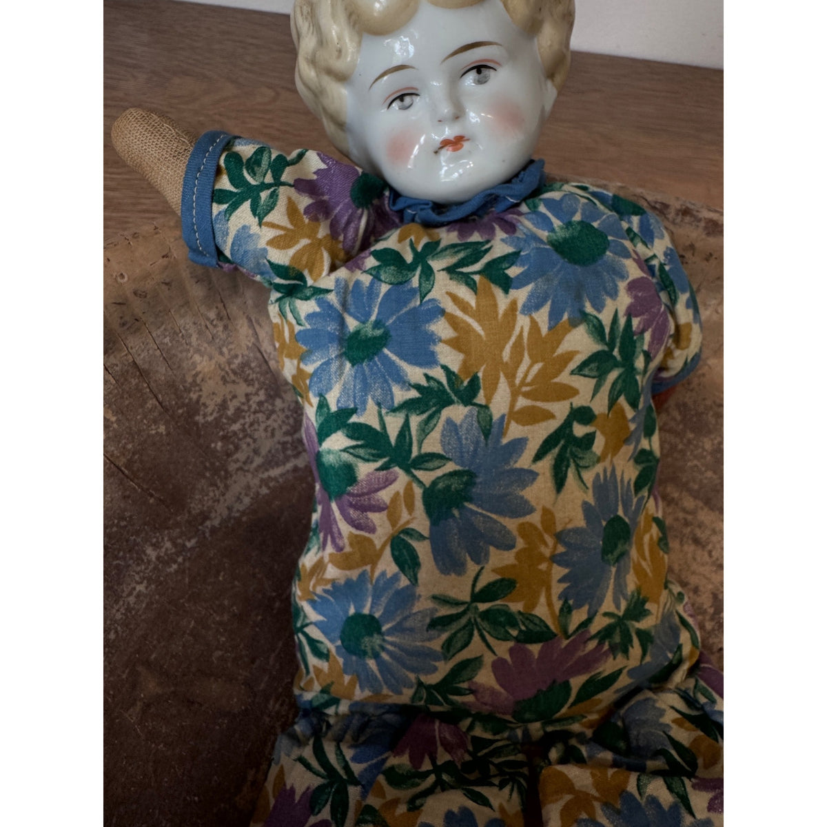 Vintage China Doll with Cloth Body – 15" Floral Dress – As Is