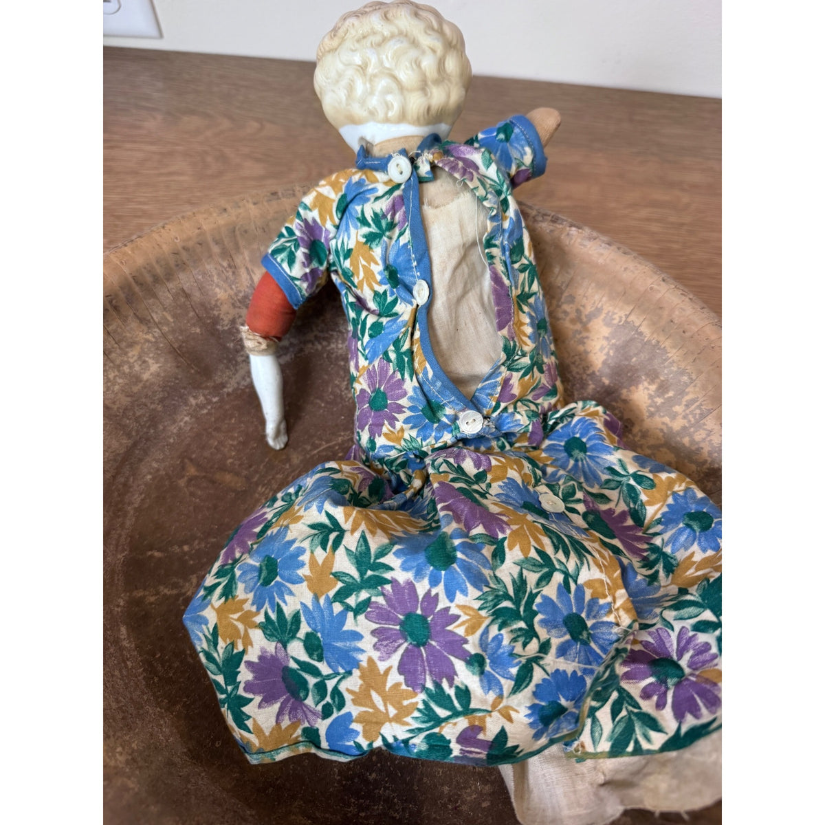 Vintage China Doll with Cloth Body – 15" Floral Dress – As Is