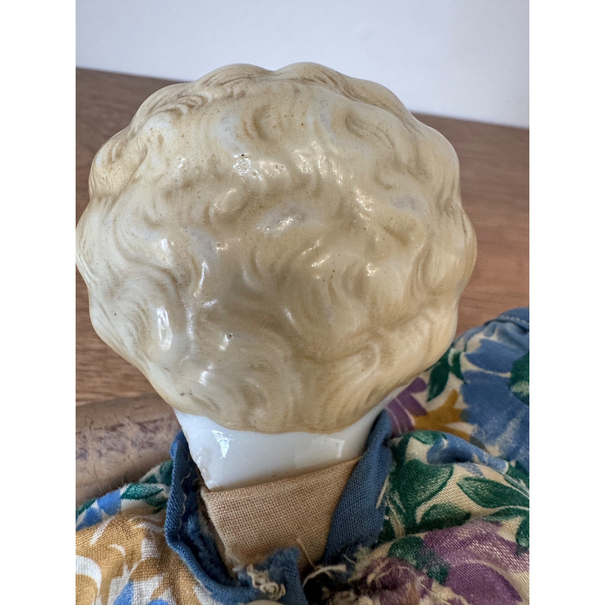 Vintage China Doll with Cloth Body – 15" Floral Dress – As Is