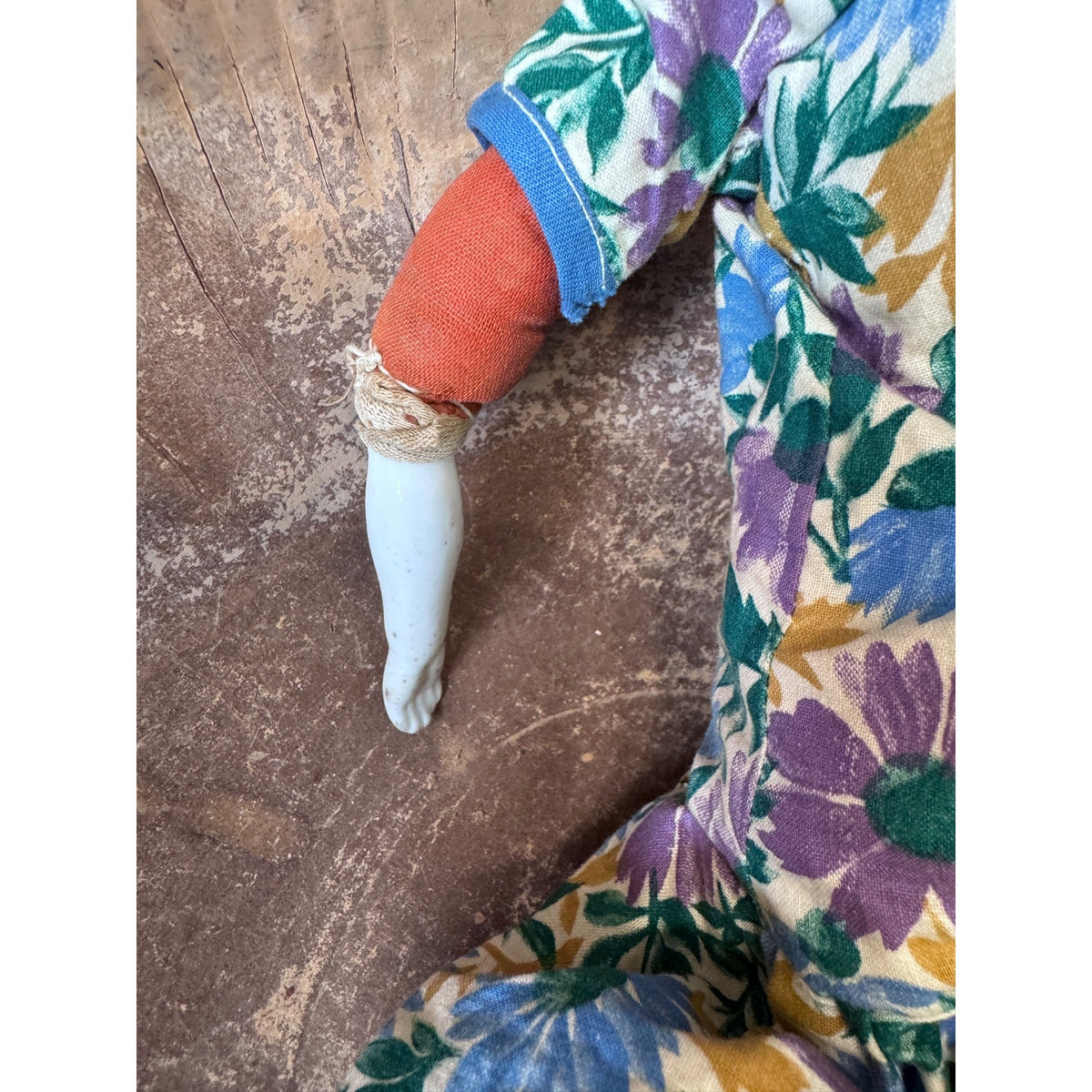 Vintage China Doll with Cloth Body – 15" Floral Dress – As Is
