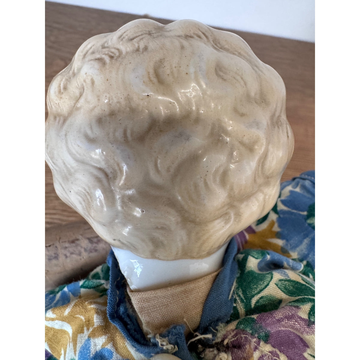 Vintage China Doll with Cloth Body – 15" Floral Dress – As Is