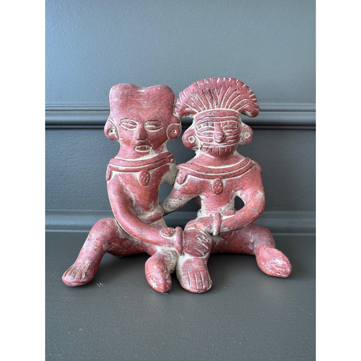 Pre-Columbian Style Terracotta Figural Sculpture – Two Seated Figures, Folk Art Pottery