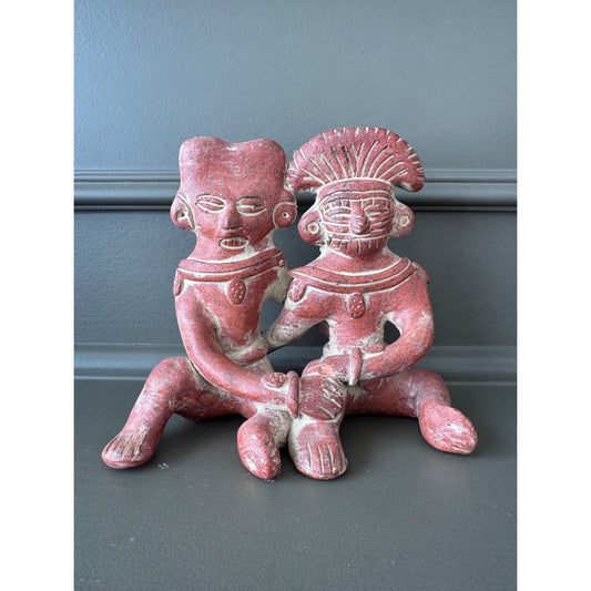 Pre-Columbian Style Terracotta Figural Sculpture – Two Seated Figures, Folk Art Pottery