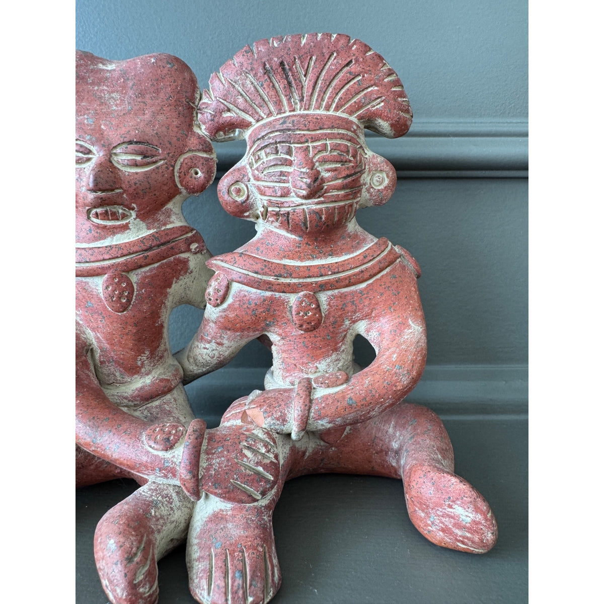 Pre-Columbian Style Terracotta Figural Sculpture – Two Seated Figures, Folk Art Pottery
