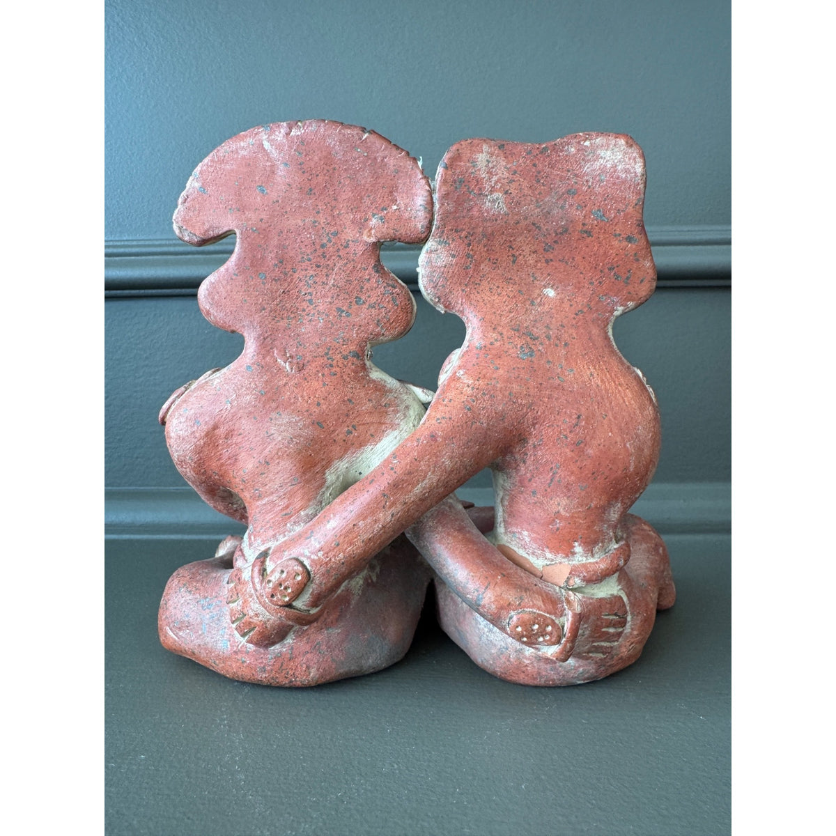 Pre-Columbian Style Terracotta Figural Sculpture – Two Seated Figures, Folk Art Pottery