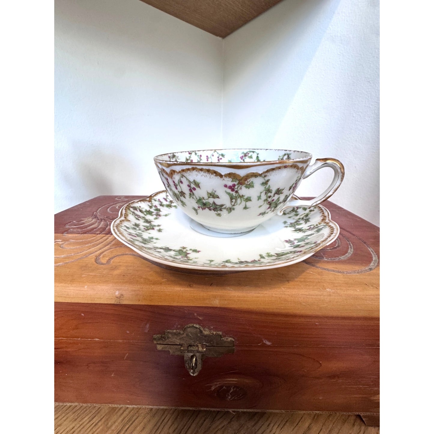 Haviland Limoges Floral Teacup and Saucer Villard J. Welch France Gold Trim Vintage