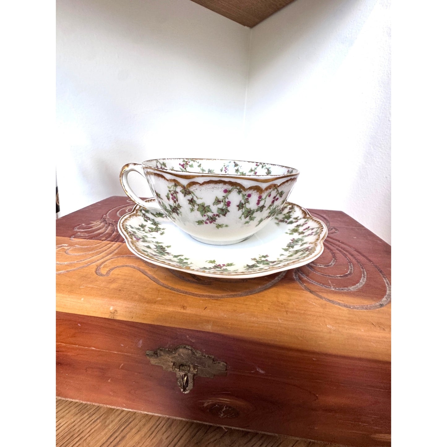 Haviland Limoges Floral Teacup and Saucer Villard J. Welch France Gold Trim Vintage