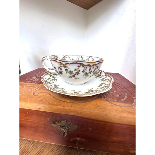 Haviland Limoges Floral Teacup and Saucer Villard J. Welch France Gold Trim Vintage