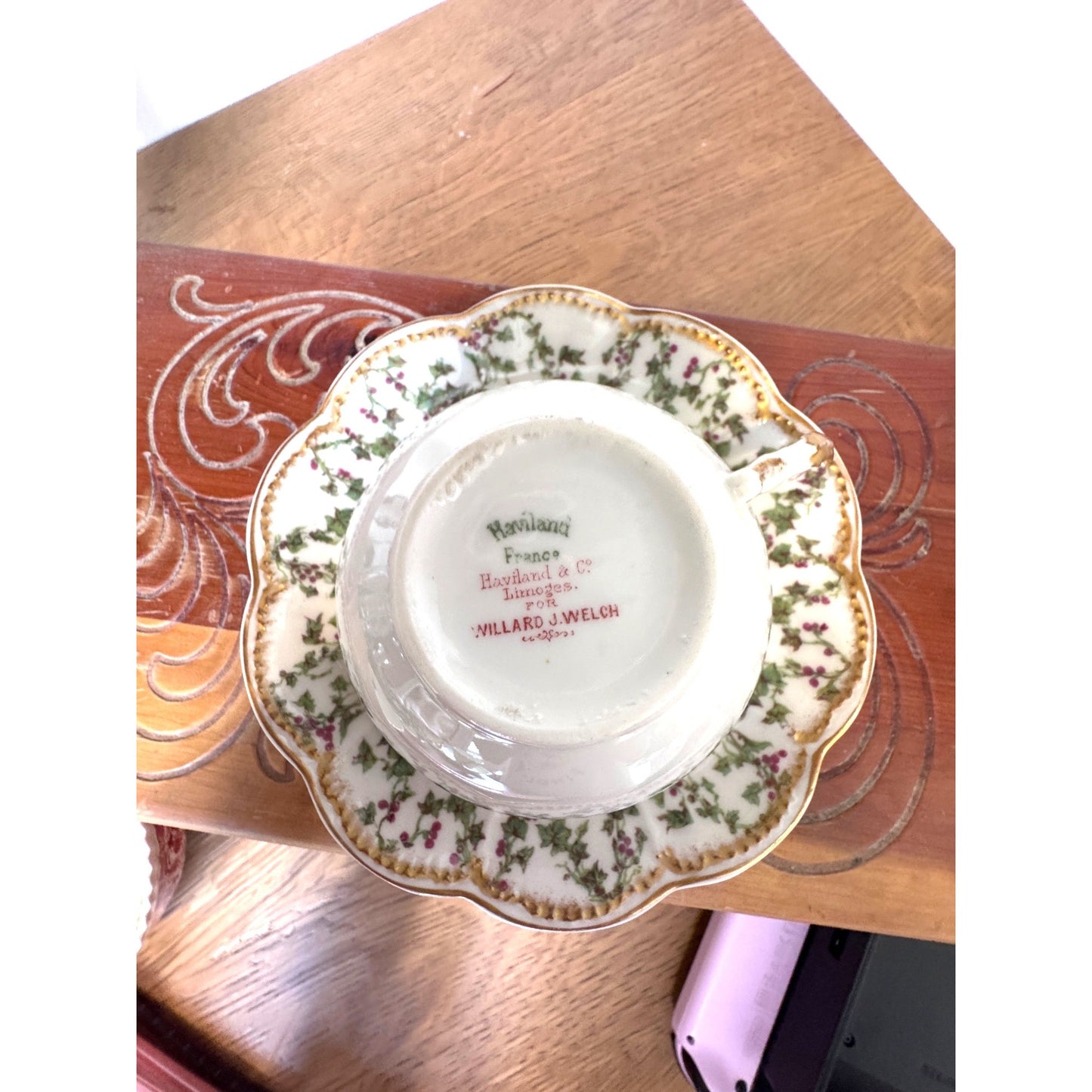 Haviland Limoges Floral Teacup and Saucer Villard J. Welch France Gold Trim Vintage