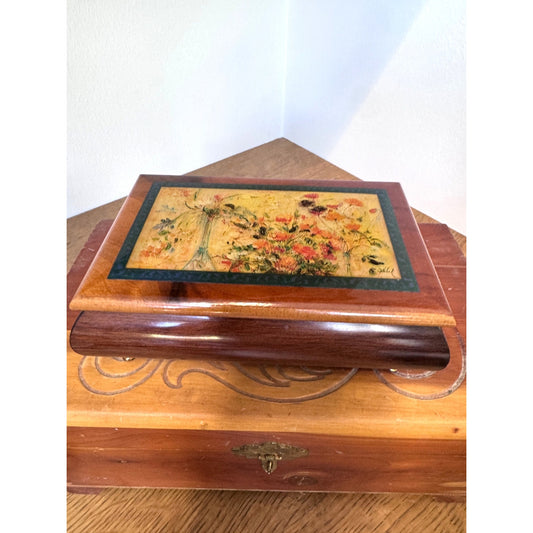Wooden Keepsake Box Floral Lid Small Jewelry Trinket Box 6.75 Inch