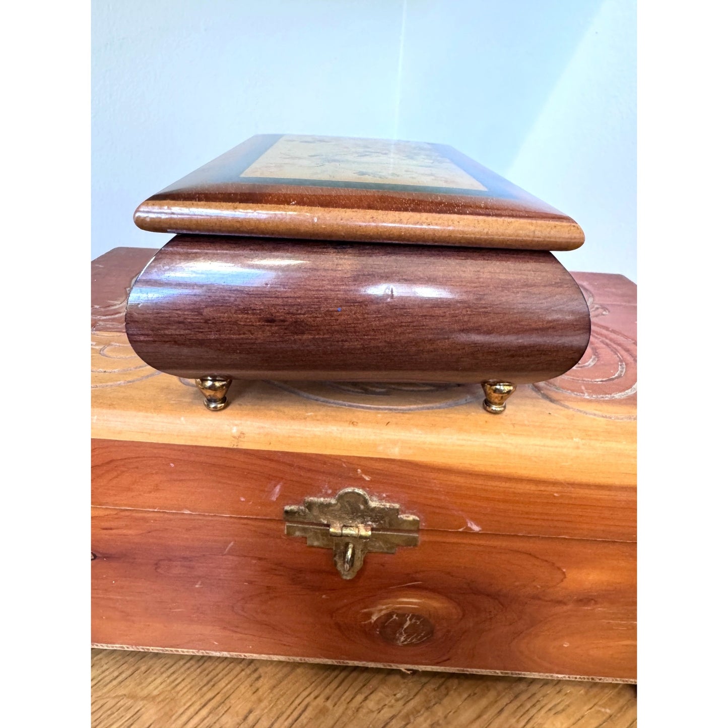 Wooden Keepsake Box Floral Lid Small Jewelry Trinket Box 6.75 Inch