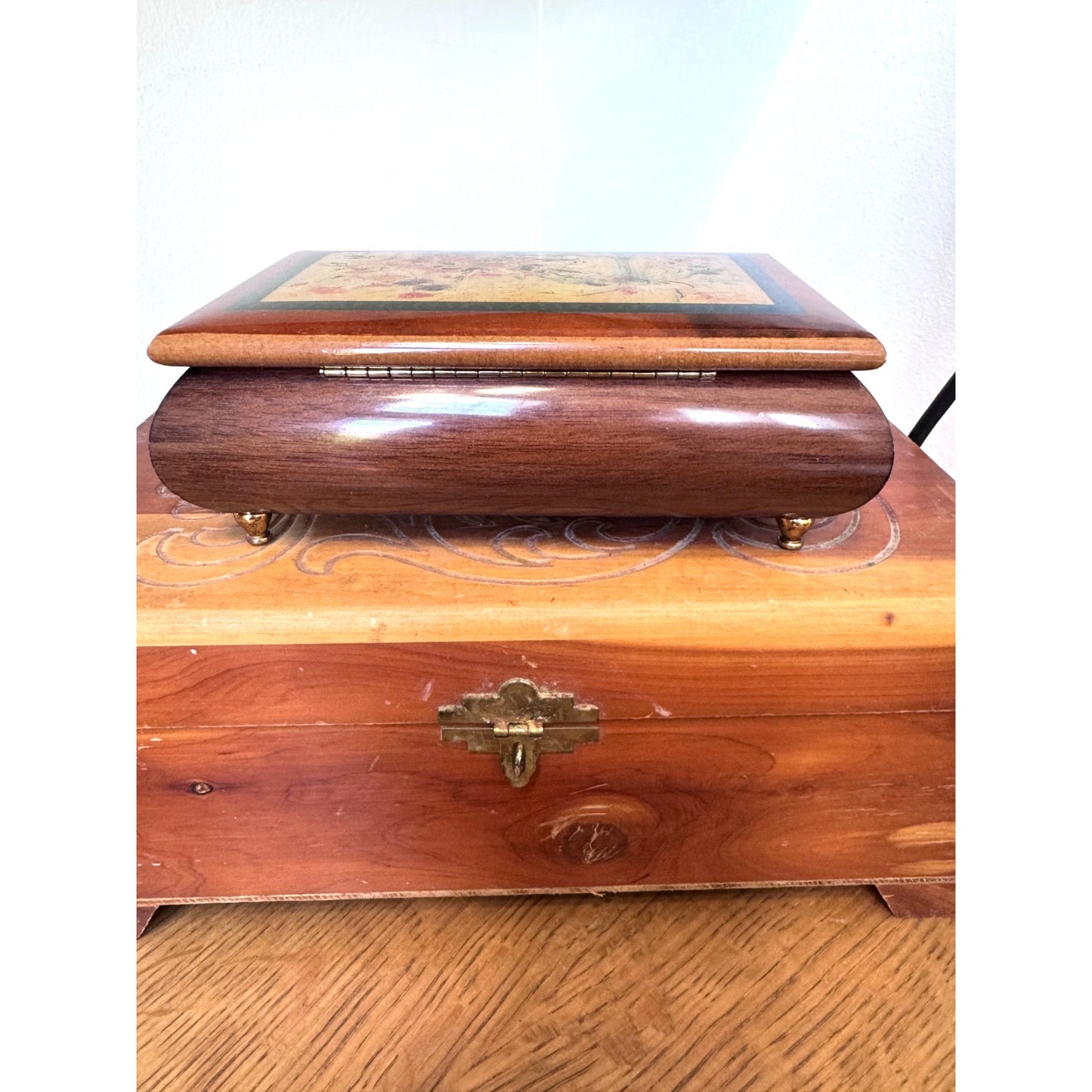 Wooden Keepsake Box Floral Lid Small Jewelry Trinket Box 6.75 Inch
