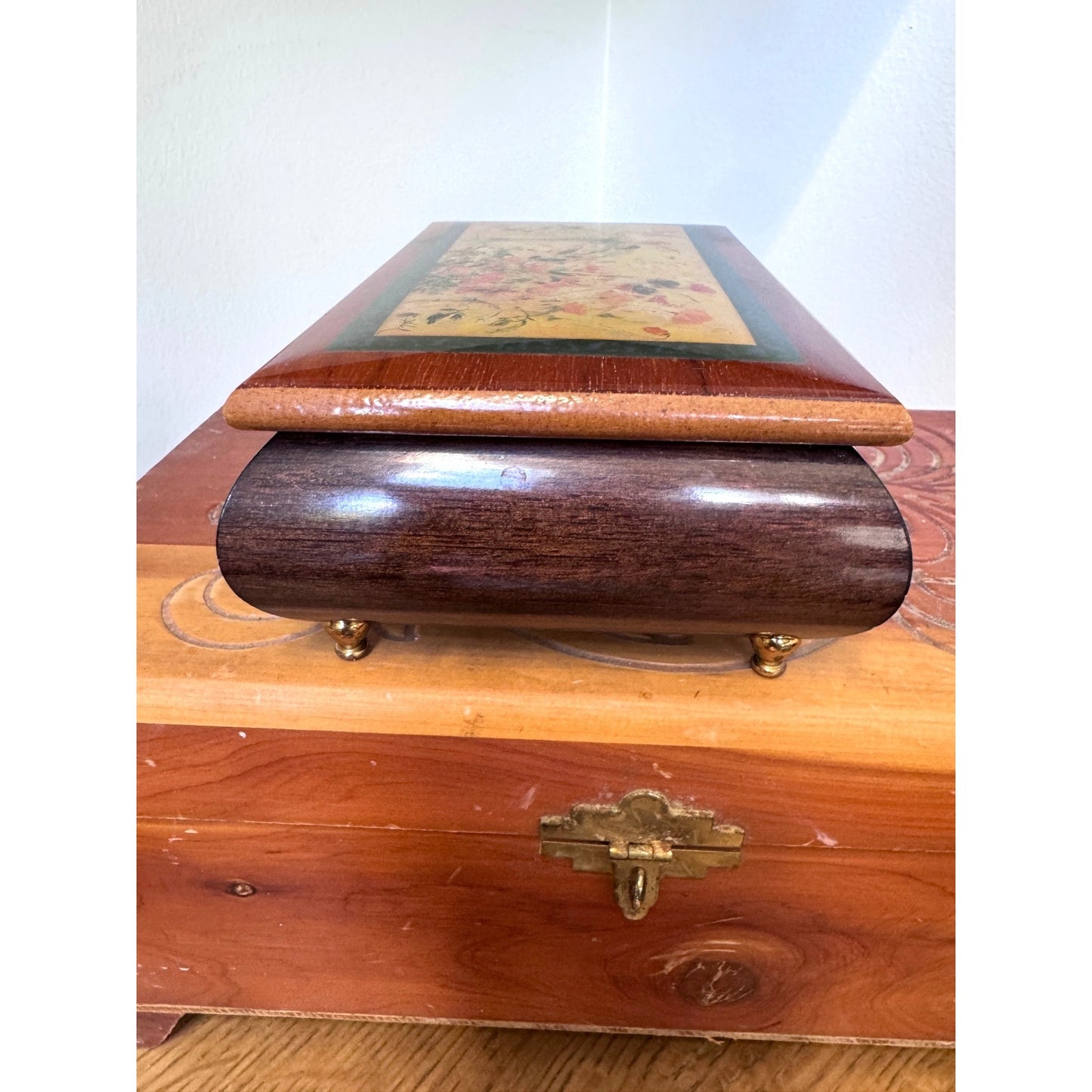 Wooden Keepsake Box Floral Lid Small Jewelry Trinket Box 6.75 Inch