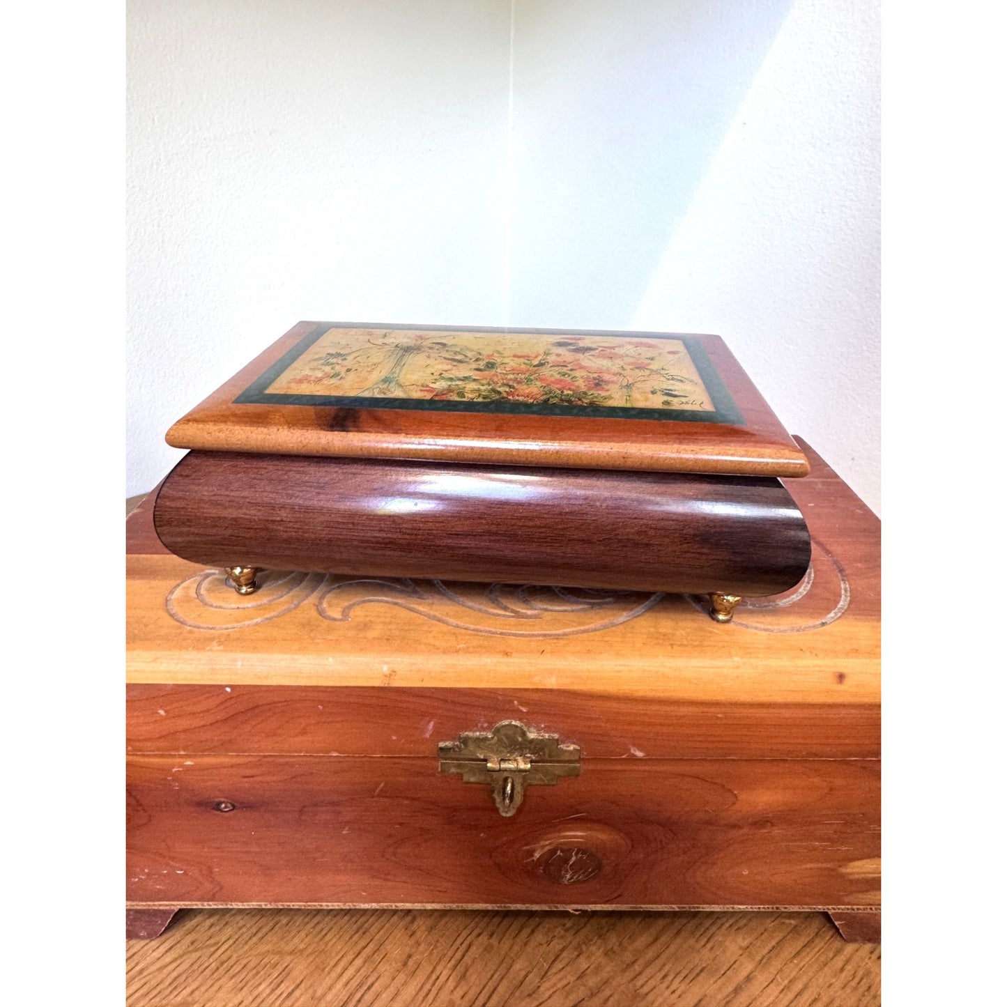 Wooden Keepsake Box Floral Lid Small Jewelry Trinket Box 6.75 Inch
