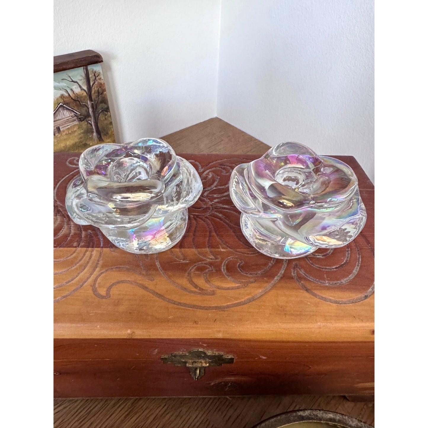 Iridescent Glass Flower Canddle Holders - Petite Floral Pair 3.25"