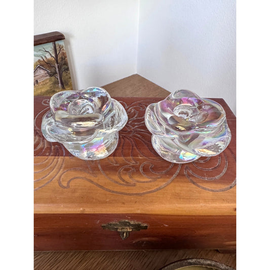 Iridescent Glass Flower Canddle Holders - Petite Floral Pair 3.25"