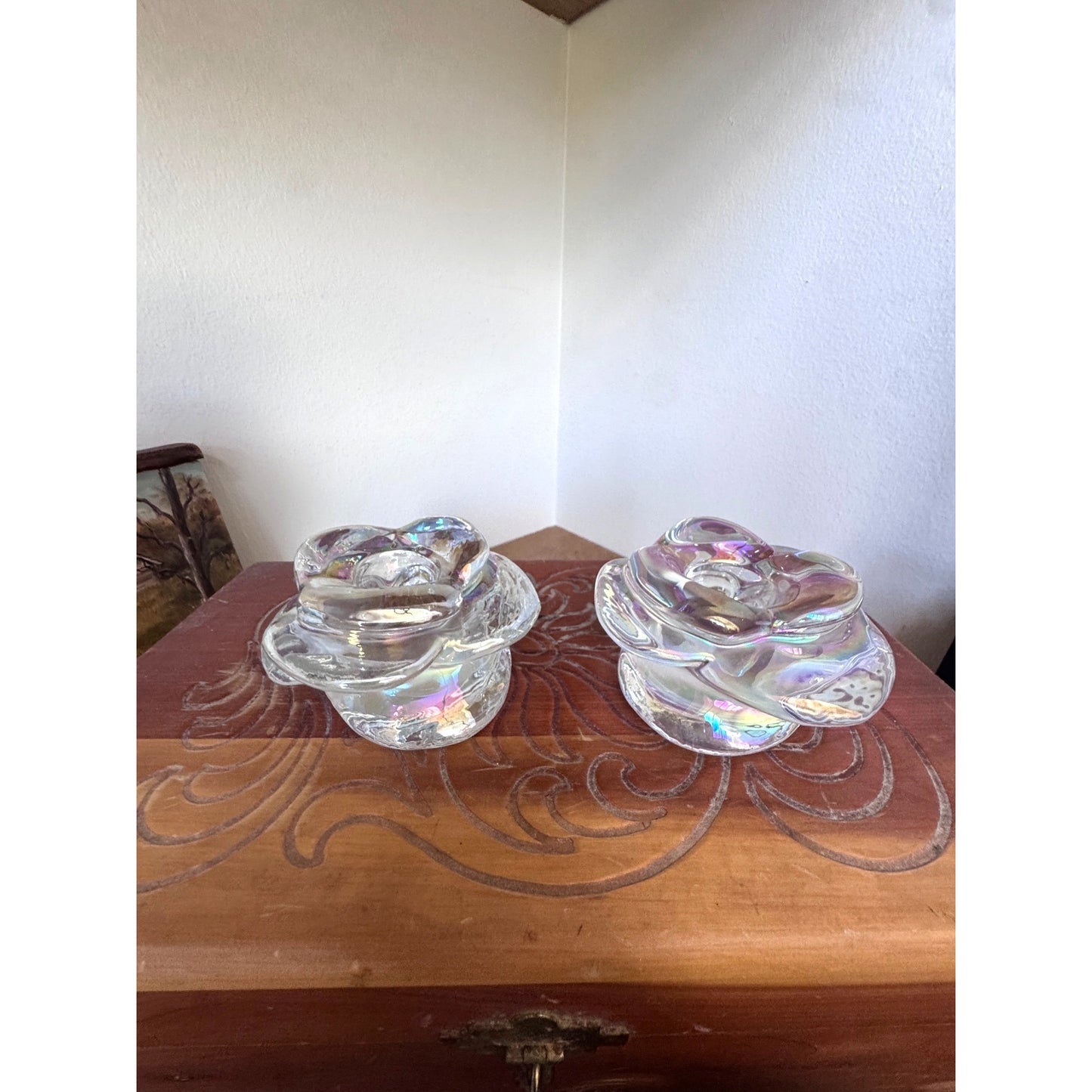 Iridescent Glass Flower Canddle Holders - Petite Floral Pair 3.25"