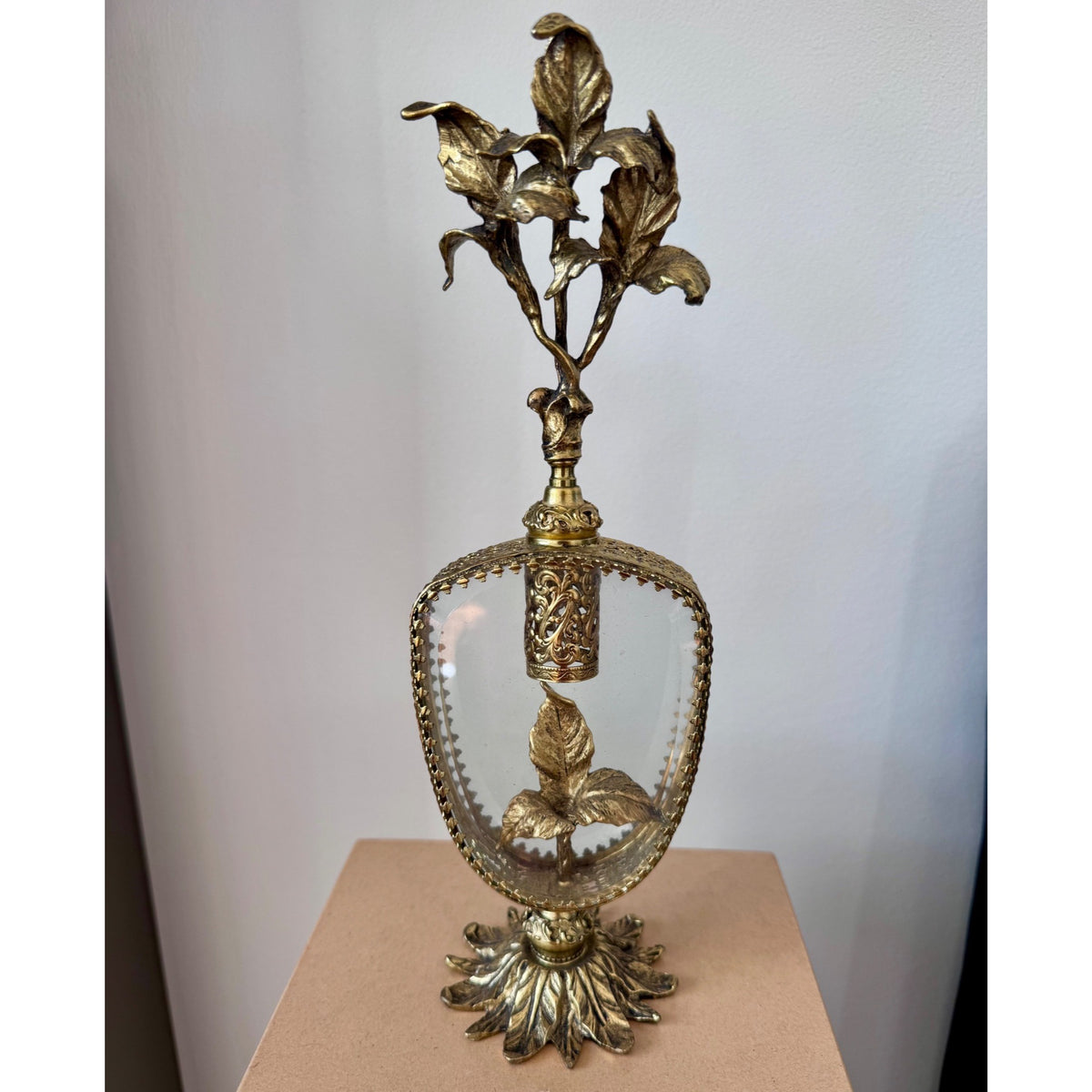 Vintage Ornate Gold Filigree Perfume Bottle Holder with Floral Finial