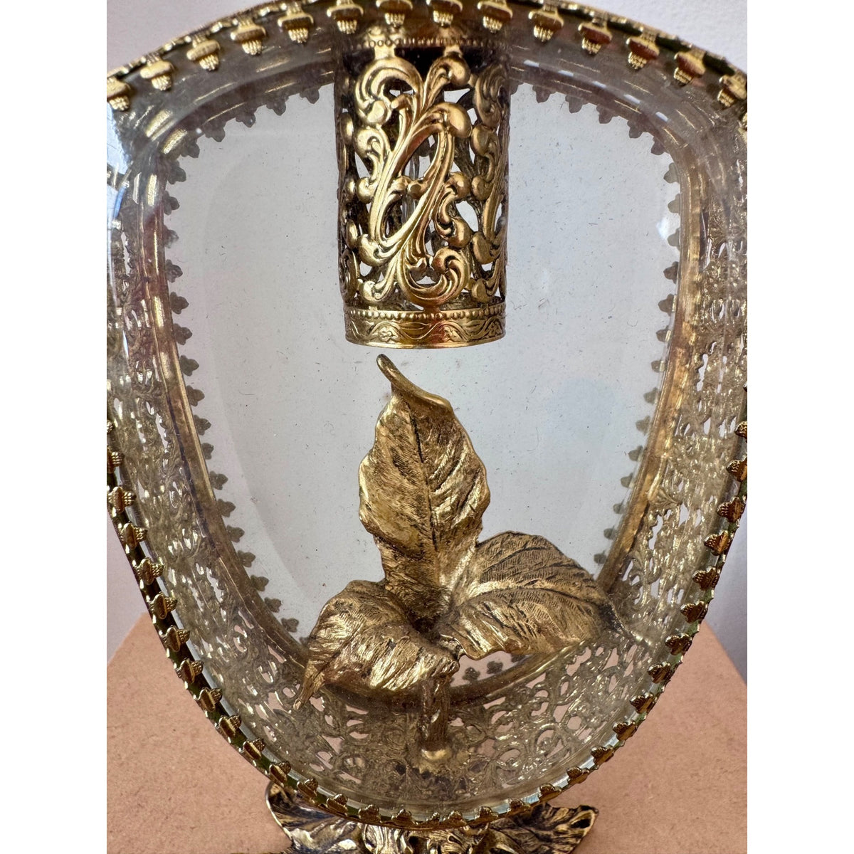 Vintage Ornate Gold Filigree Perfume Bottle Holder with Floral Finial