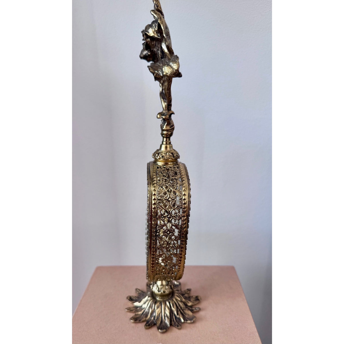 Vintage Ornate Gold Filigree Perfume Bottle Holder with Floral Finial