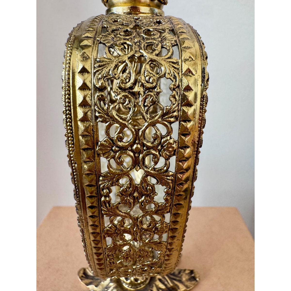 Vintage Ornate Gold Filigree Perfume Bottle Holder with Floral Finial