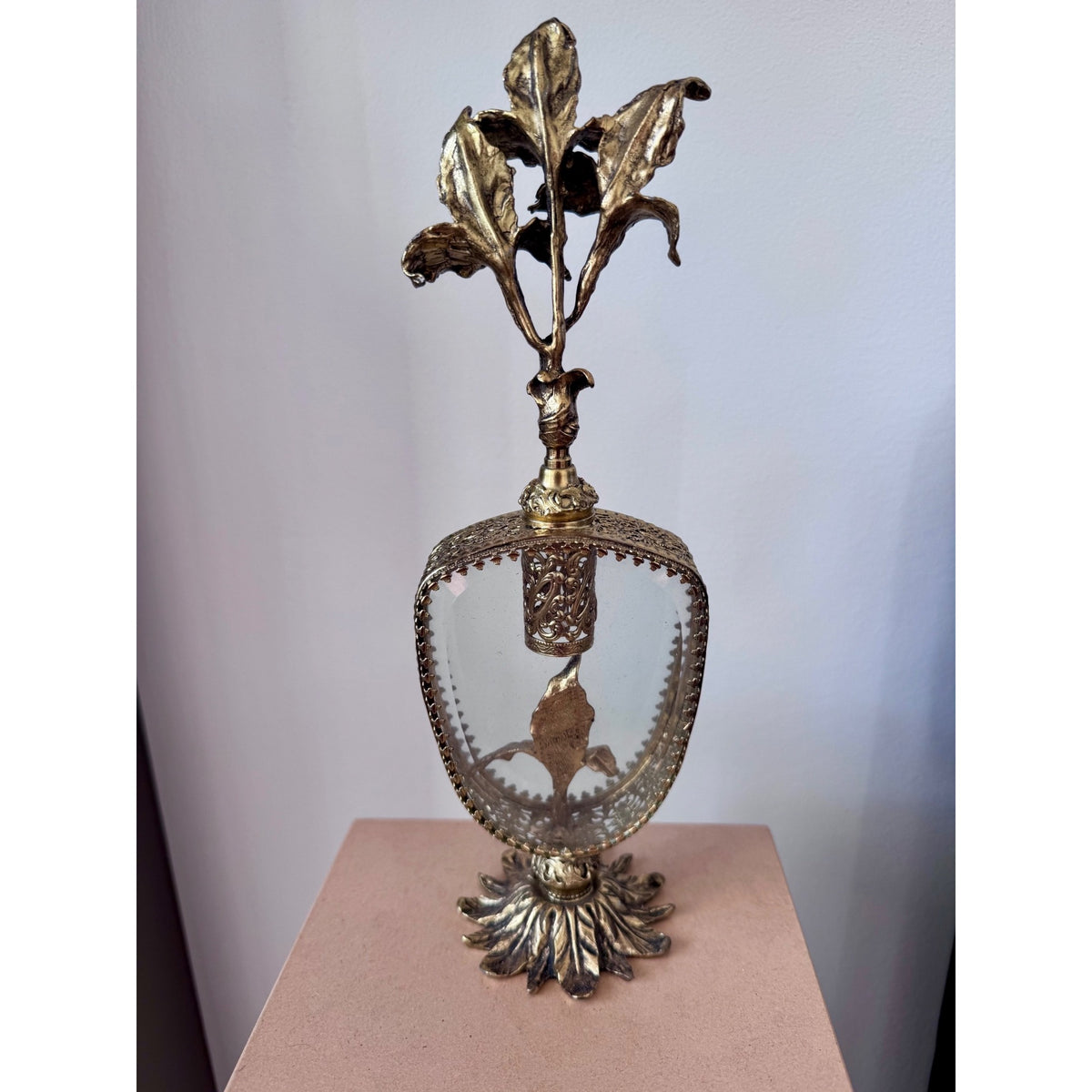 Vintage Ornate Gold Filigree Perfume Bottle Holder with Floral Finial