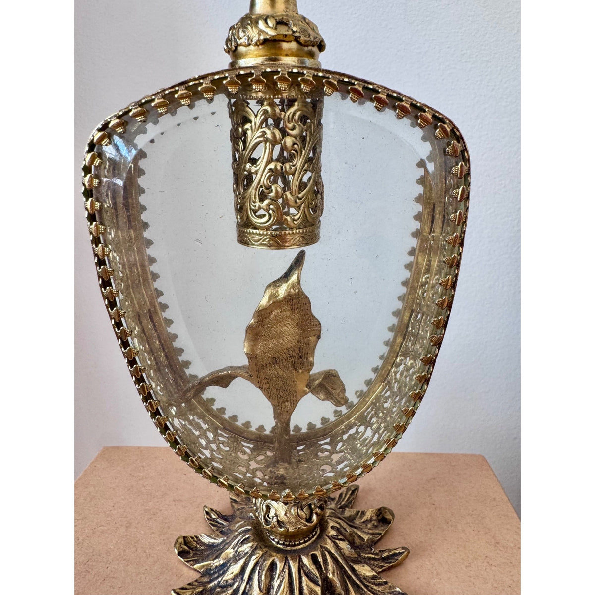 Vintage Ornate Gold Filigree Perfume Bottle Holder with Floral Finial