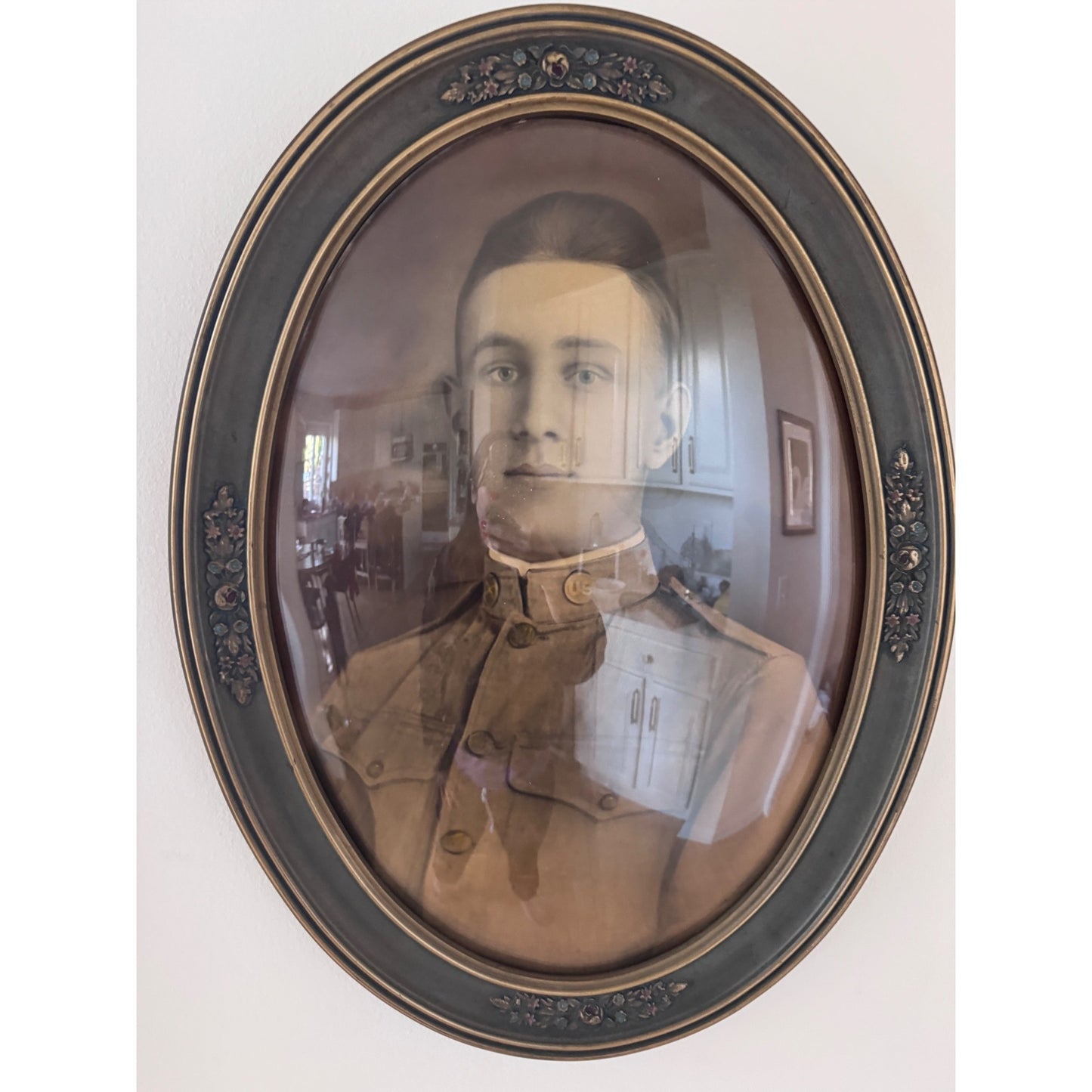 Antique U.S. Officer Portrait in Convex Glass Frame | Oval Wood Frame Blue & Gold Floral | Vintage Military Wall Art
