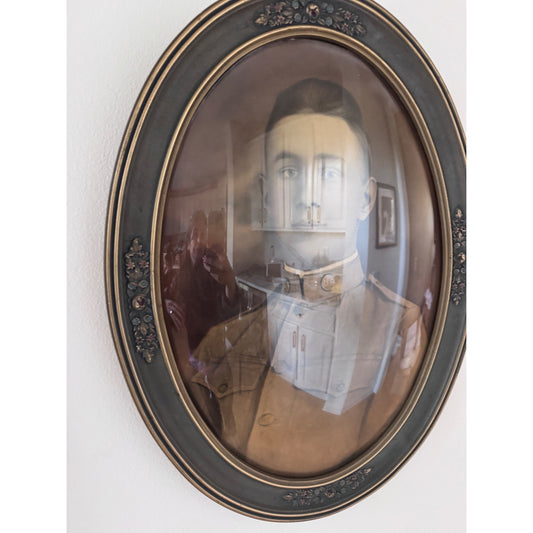 Antique U.S. Officer Portrait in Convex Glass Frame | Oval Wood Frame Blue & Gold Floral | Vintage Military Wall Art