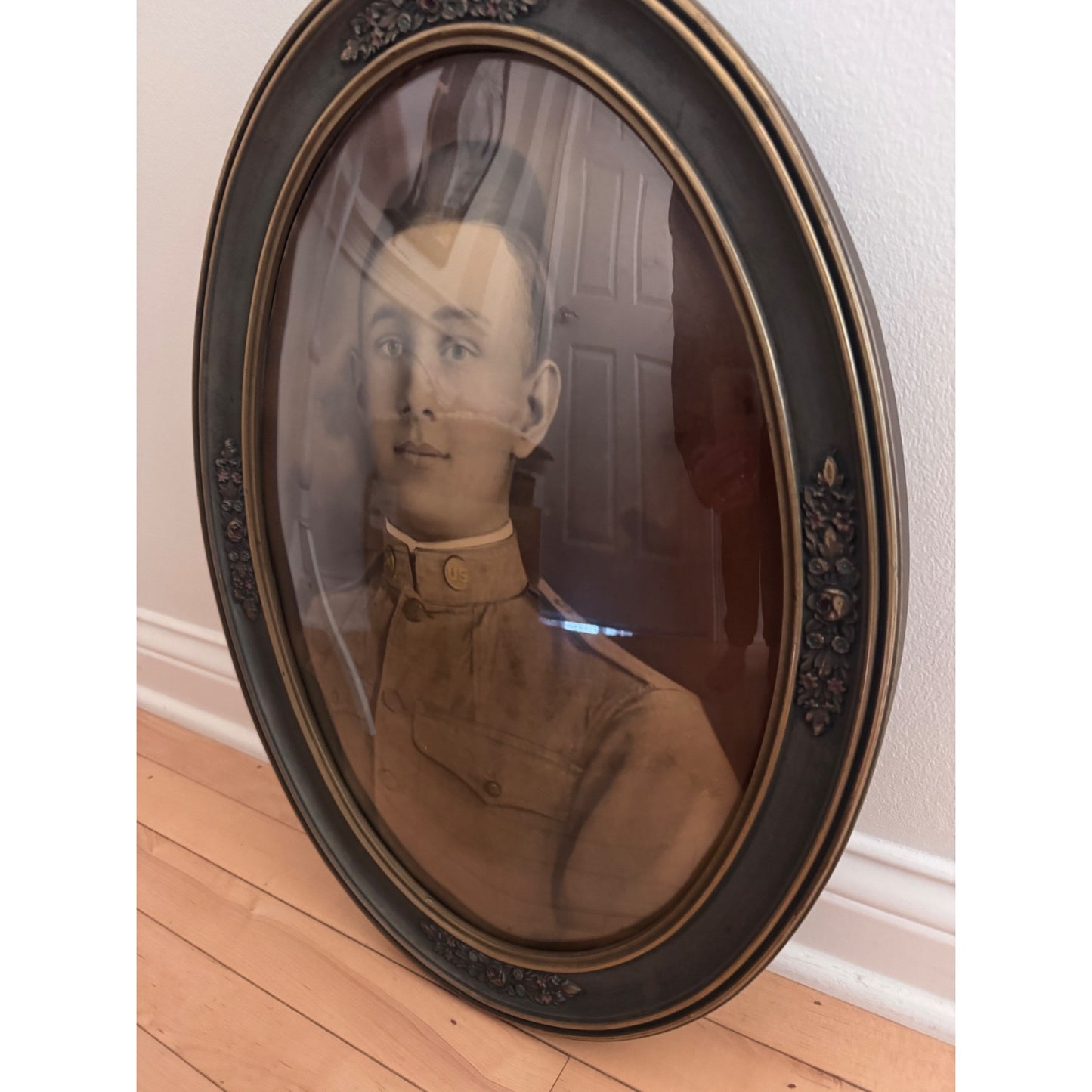 Antique U.S. Officer Portrait in Convex Glass Frame | Oval Wood Frame Blue & Gold Floral | Vintage Military Wall Art