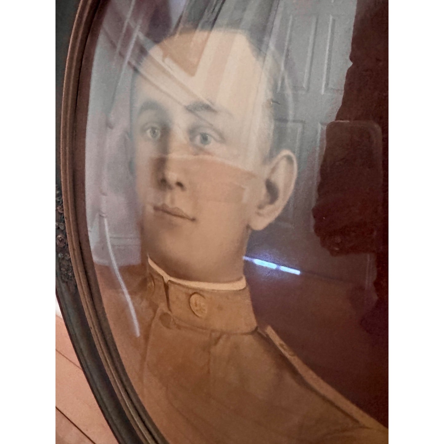Antique U.S. Officer Portrait in Convex Glass Frame | Oval Wood Frame Blue & Gold Floral | Vintage Military Wall Art