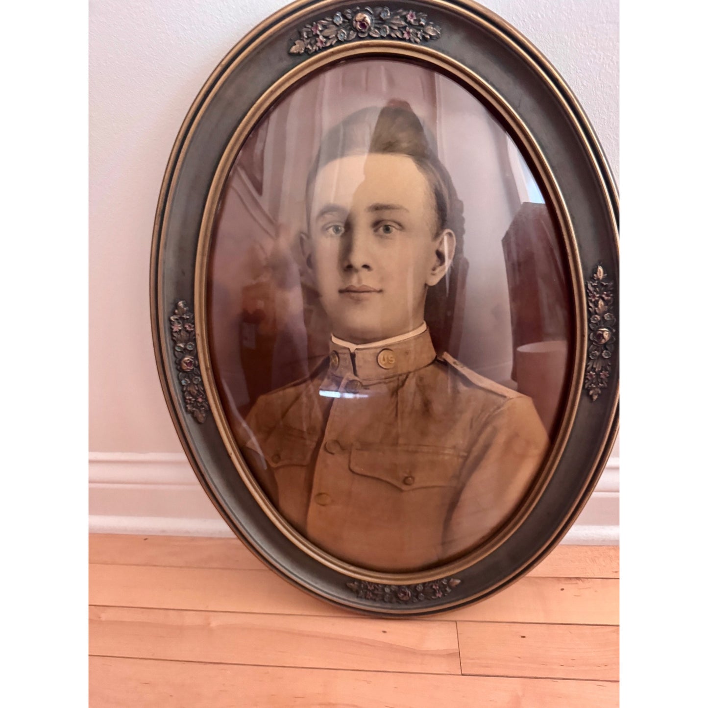 Antique U.S. Officer Portrait in Convex Glass Frame | Oval Wood Frame Blue & Gold Floral | Vintage Military Wall Art