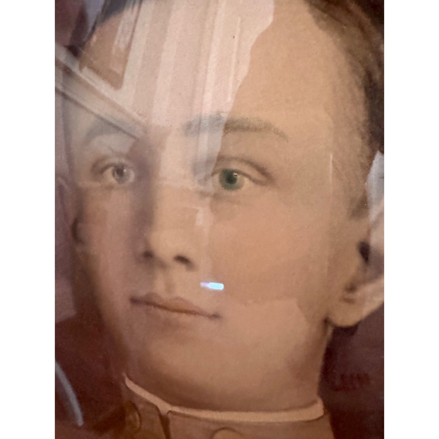 Antique U.S. Officer Portrait in Convex Glass Frame | Oval Wood Frame Blue & Gold Floral | Vintage Military Wall Art