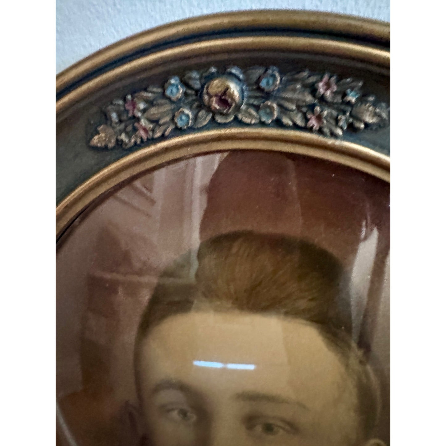 Antique U.S. Officer Portrait in Convex Glass Frame | Oval Wood Frame Blue & Gold Floral | Vintage Military Wall Art
