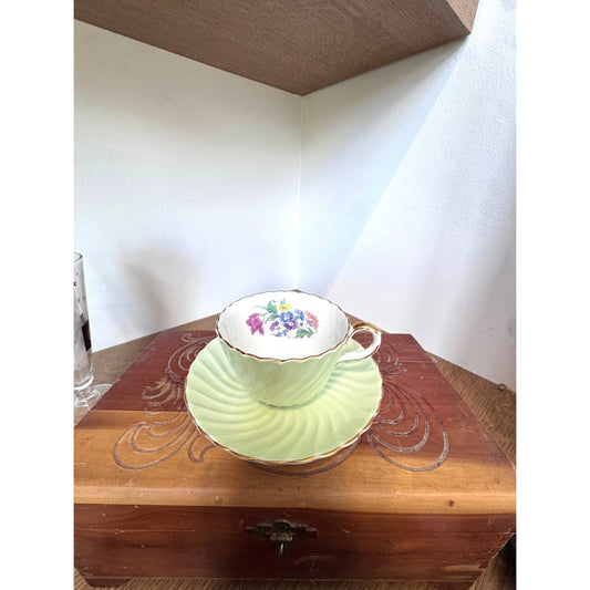 Vintage Aynsley Bone China Teacup and Saucer Green Floral England Gold Trim