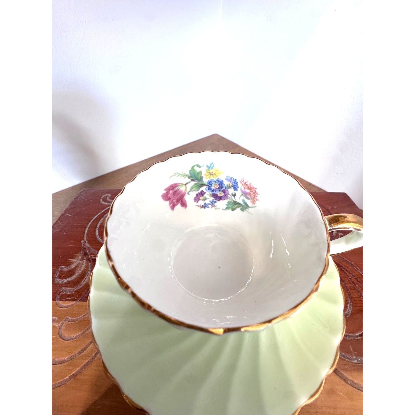 Vintage Aynsley Bone China Teacup and Saucer Green Floral England Gold Trim