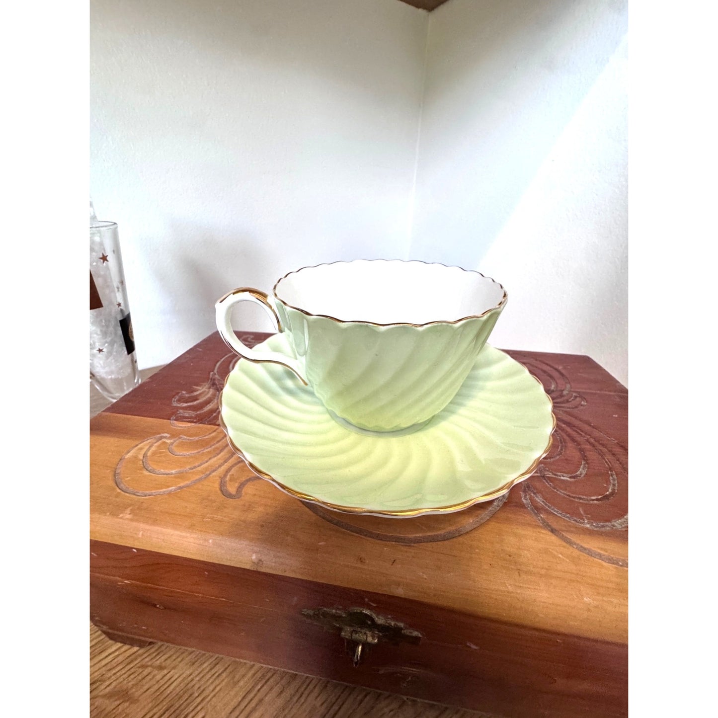 Vintage Aynsley Bone China Teacup and Saucer Green Floral England Gold Trim