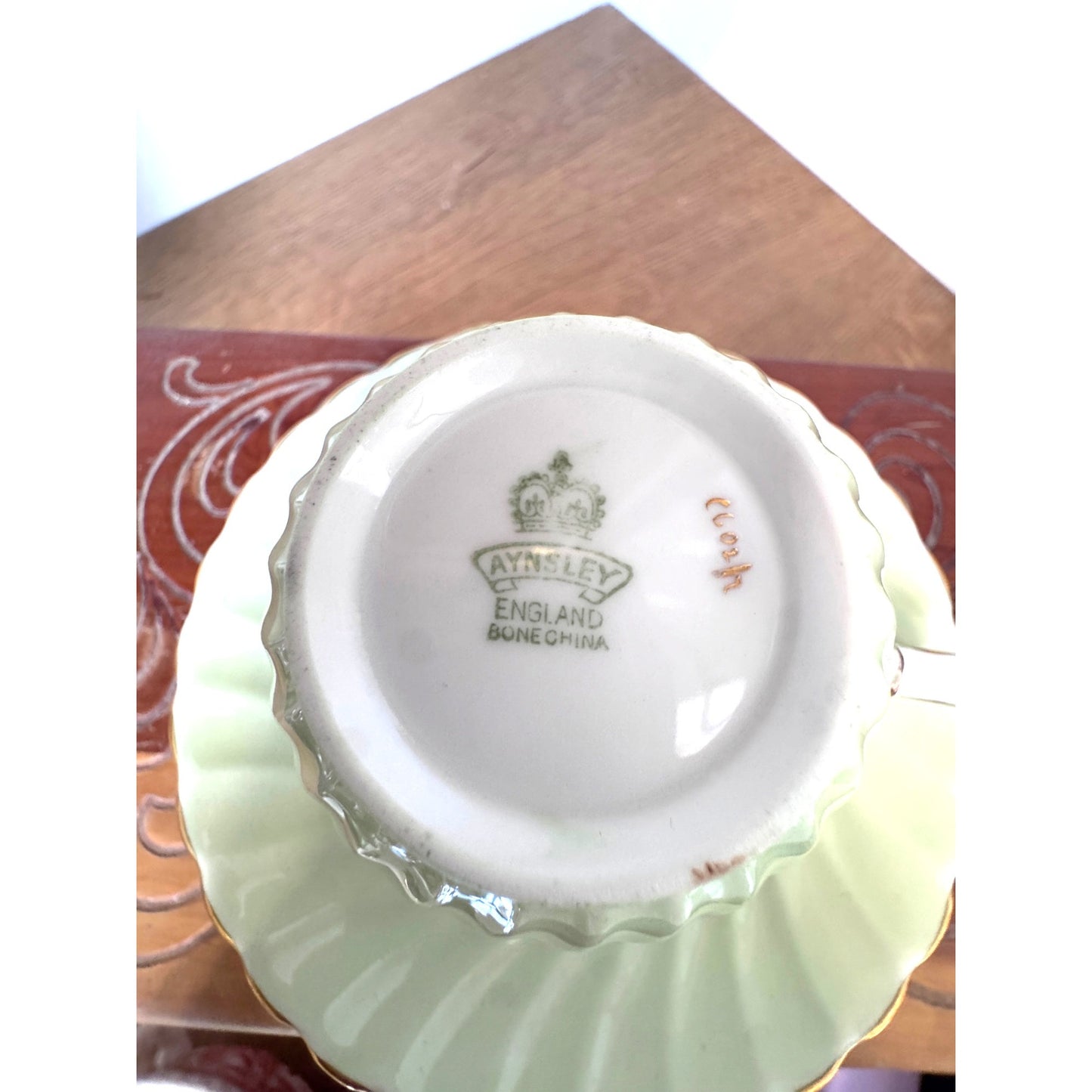 Vintage Aynsley Bone China Teacup and Saucer Green Floral England Gold Trim