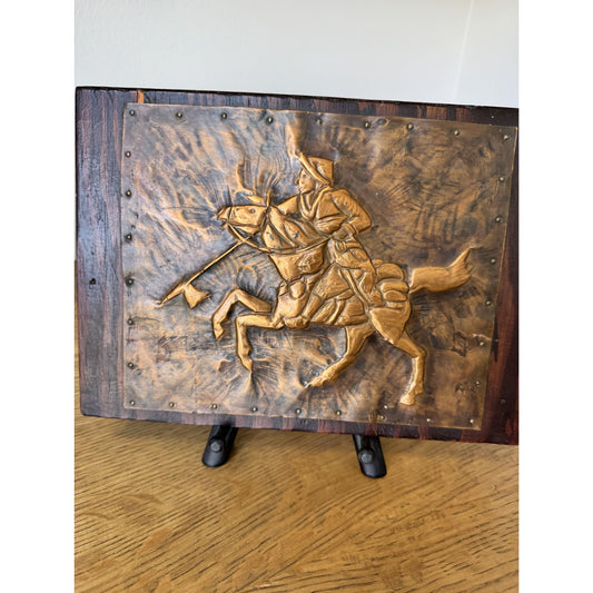 Vintage Copper Relief Picture – Horse & Rider Scene, Framed