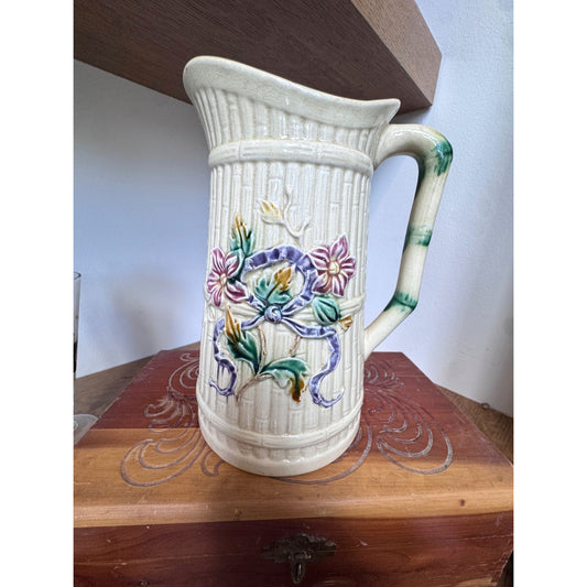 Majolica Style Floral Pitcher 8 Inch Relief Ceramic Vase