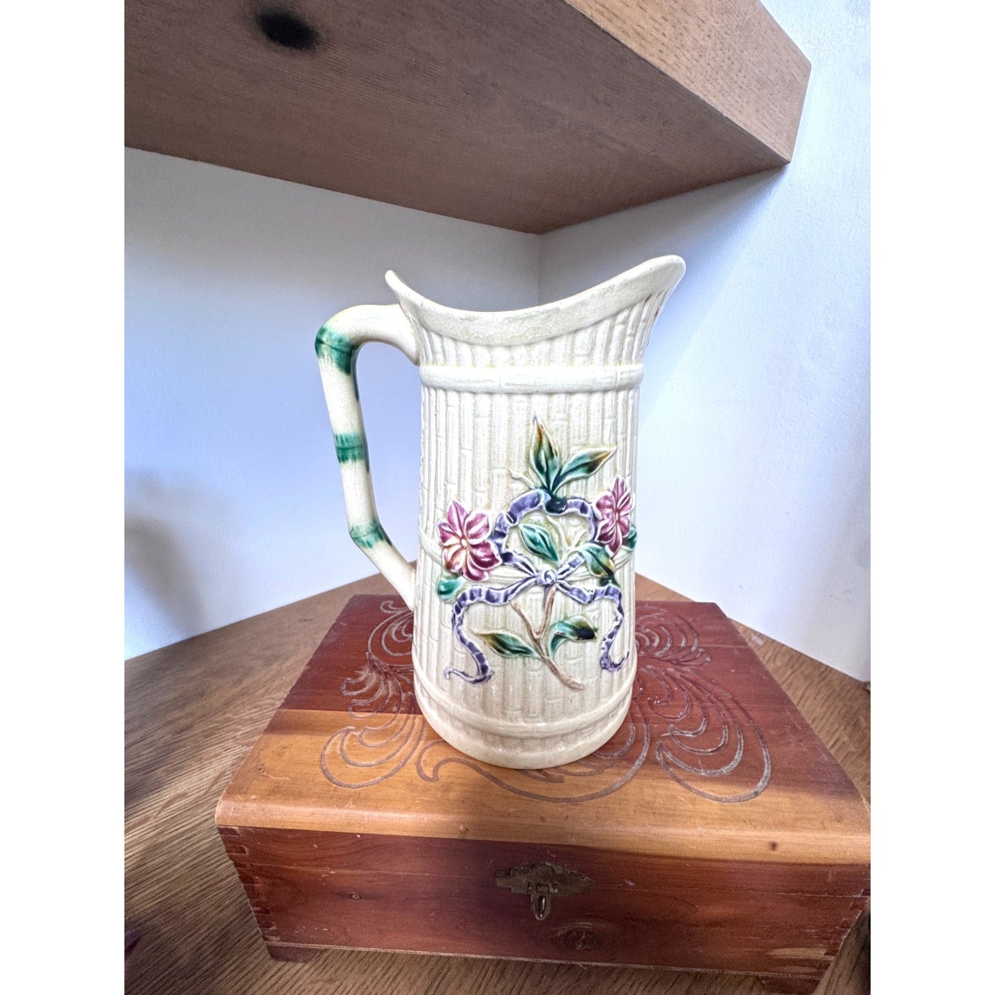 Majolica Style Floral Pitcher 8 Inch Relief Ceramic Vase