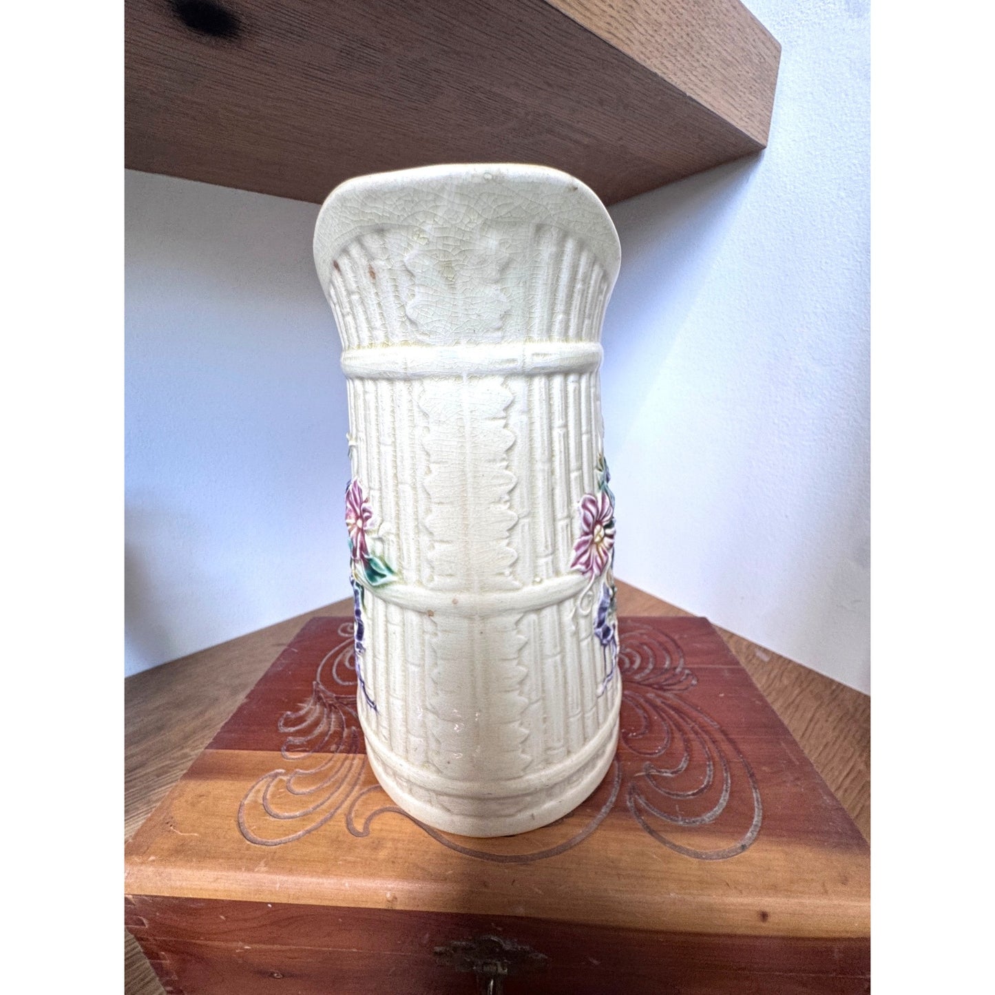 Majolica Style Floral Pitcher 8 Inch Relief Ceramic Vase