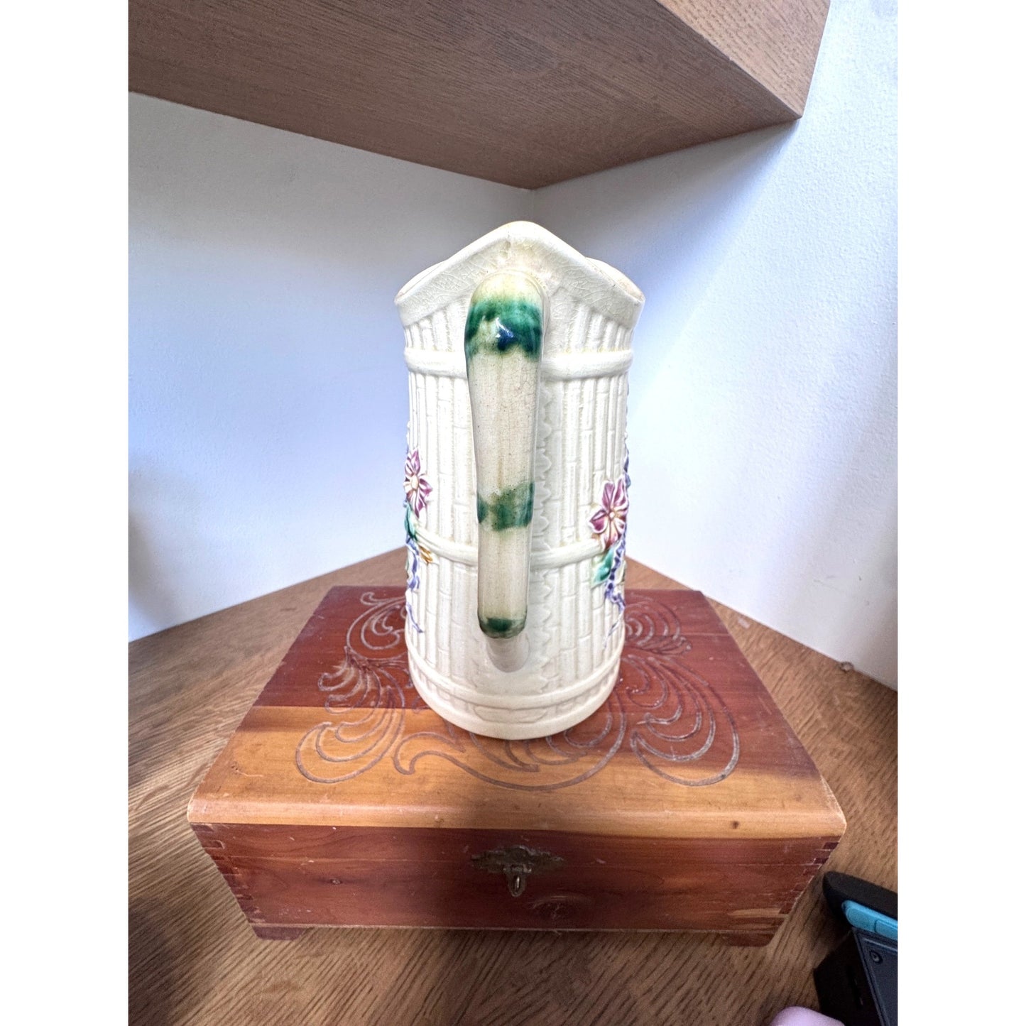 Majolica Style Floral Pitcher 8 Inch Relief Ceramic Vase