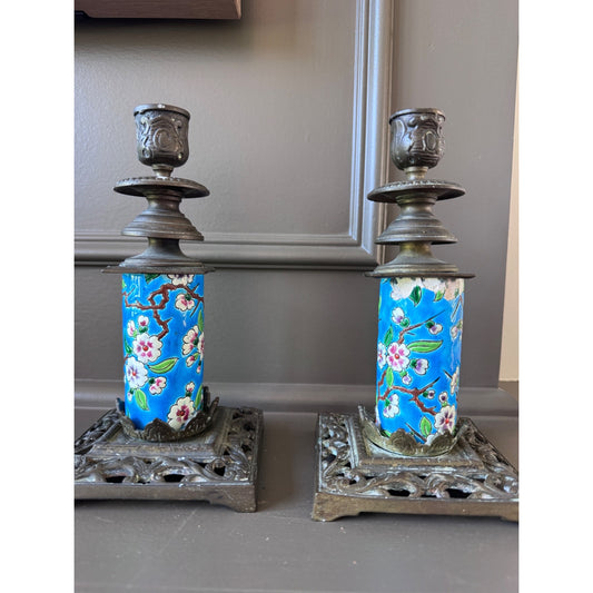 Pair Antique Emaux de Longwy Blue Floral Pottery & Metal Candlestick Holders